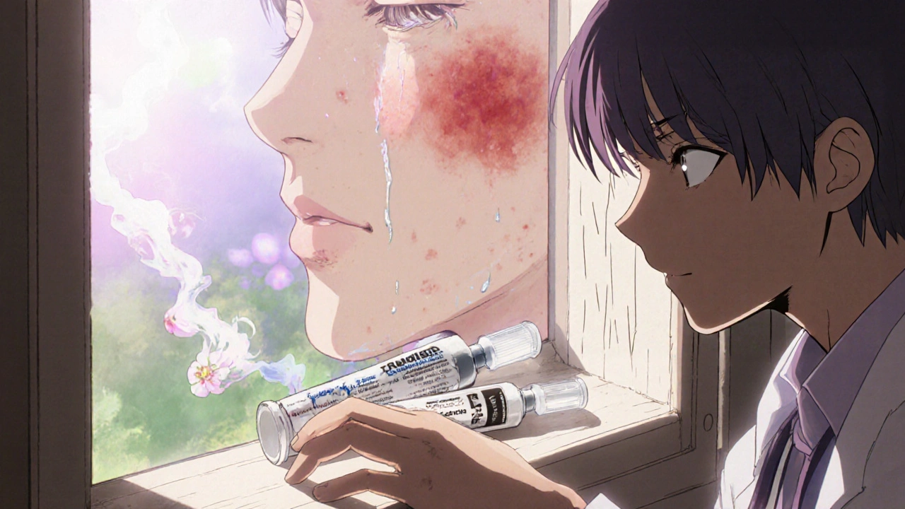 A dermatologist placing non-steroid creams beside a retired steroid tube, with a patient's face transforming from inflammation to calm skin under soft light.