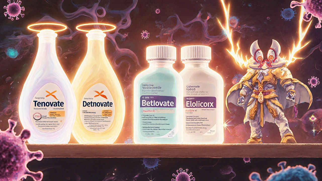A surreal pharmacy shelf with branded steroid creams personified as characters, each with unique visual traits representing their strength and function.