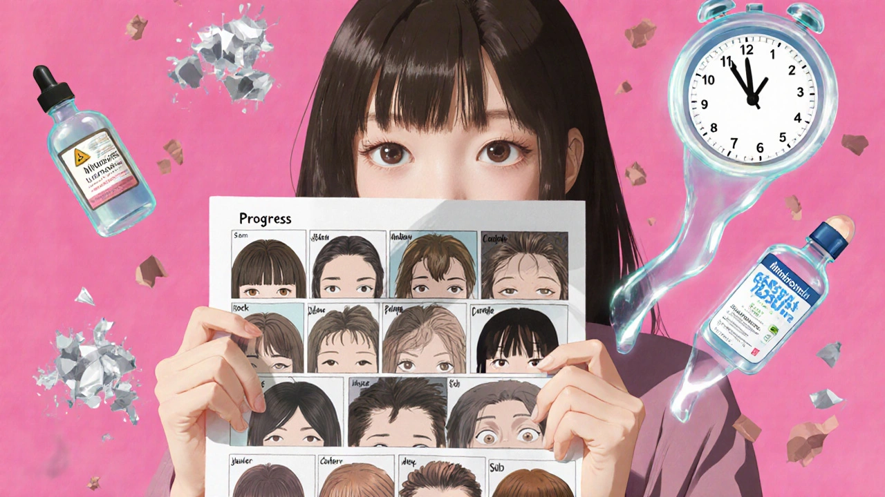 A woman holds a photo collage where hair grows and thins in motion, surrounded by fading fake cures and one steady minoxidil bottle.