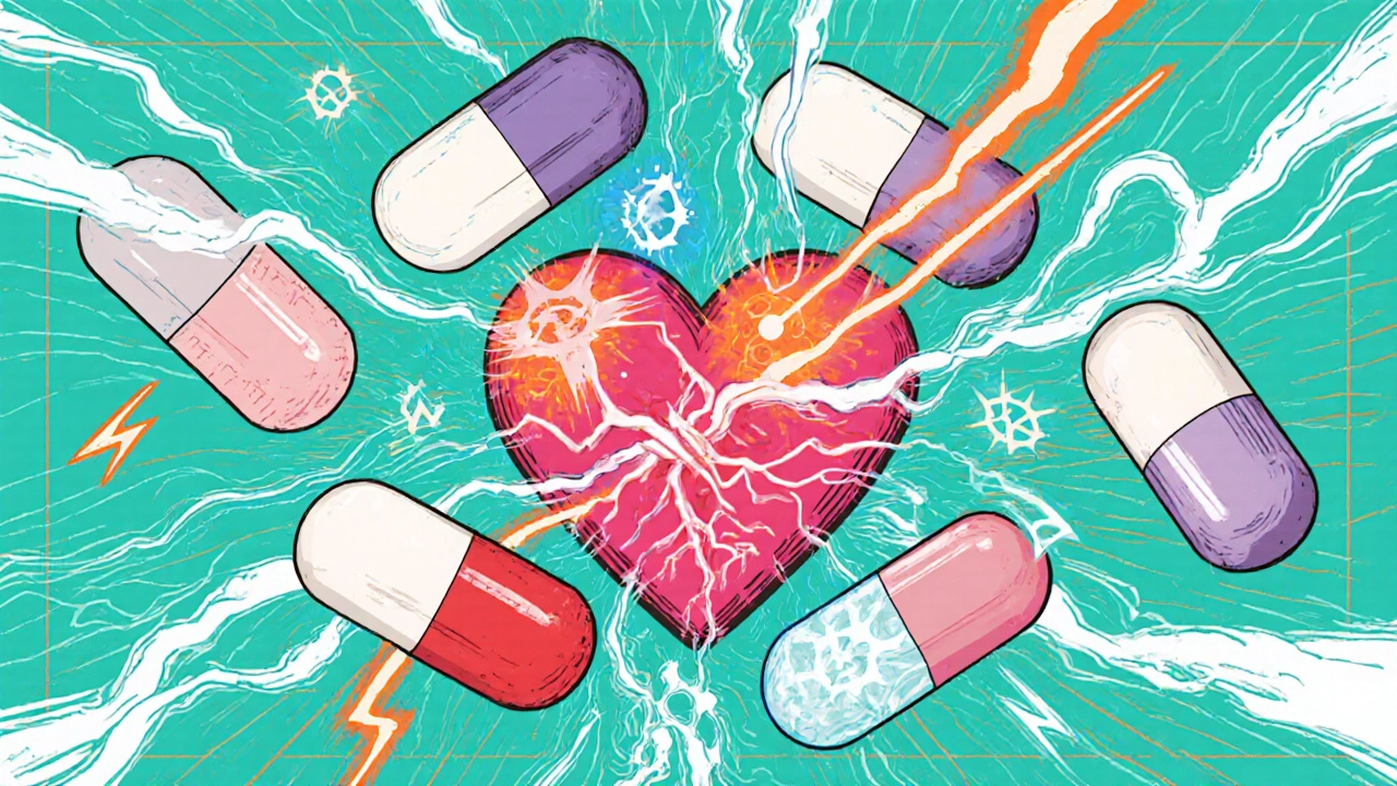 Animated drug pills orbit a heart and brain, each with unique visual cues.