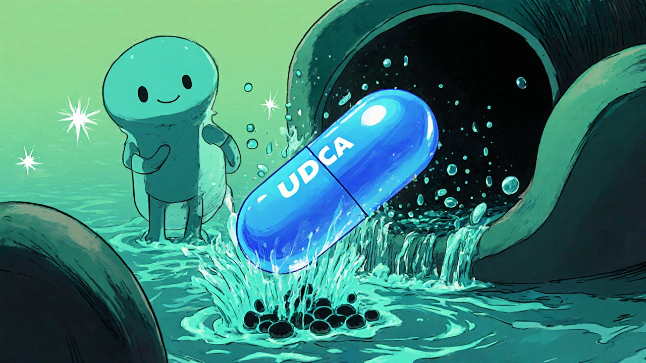Animated liver cell and glowing UDCA capsule flushing toxic bile.