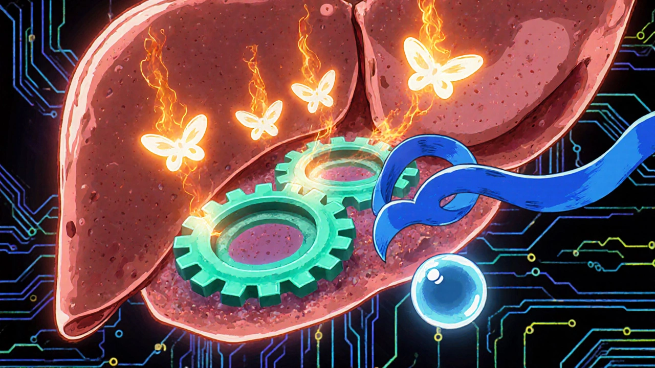 Animated liver cell with hyperforin activating enzymes that clear protease inhibitor particles.