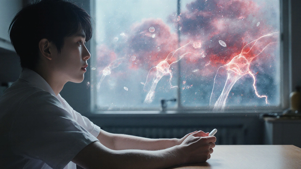 Anime-style depiction of leflunomide molecules flowing through a patient's bloodstream, calming inflamed joints.