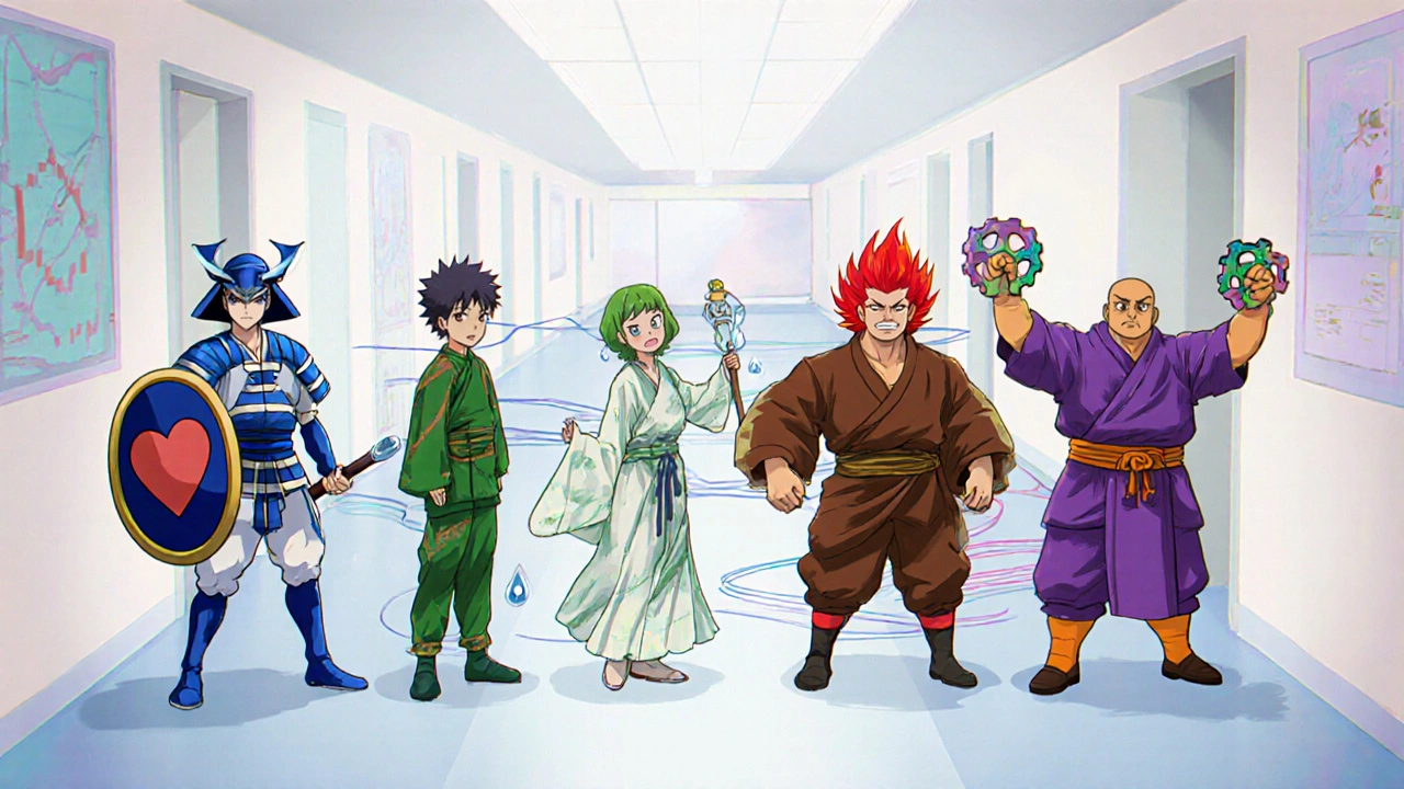 Anthropomorphic drug characters representing Diltiazem alternatives.