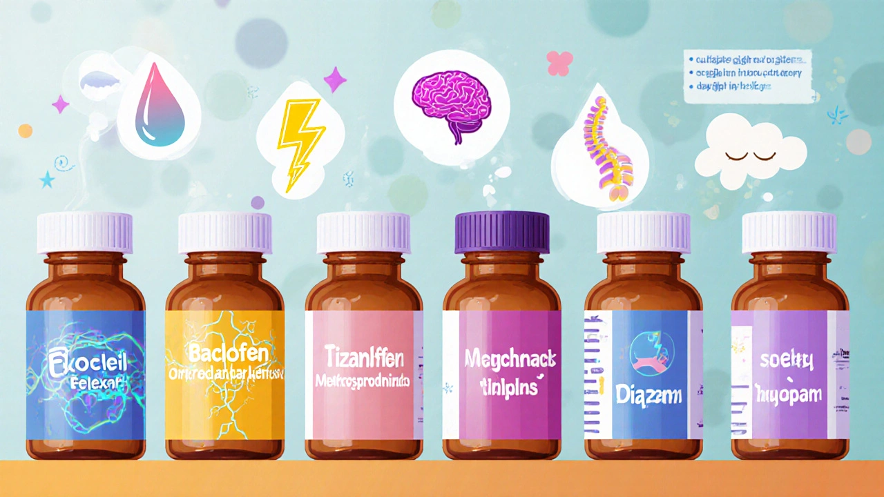 Array of animated pill bottles each with unique visual cues representing different muscle relaxants.