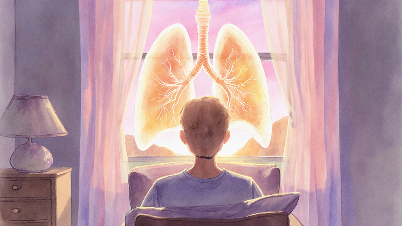 Calm individual by a sunrise window, lungs glowing to represent improved lung health.
