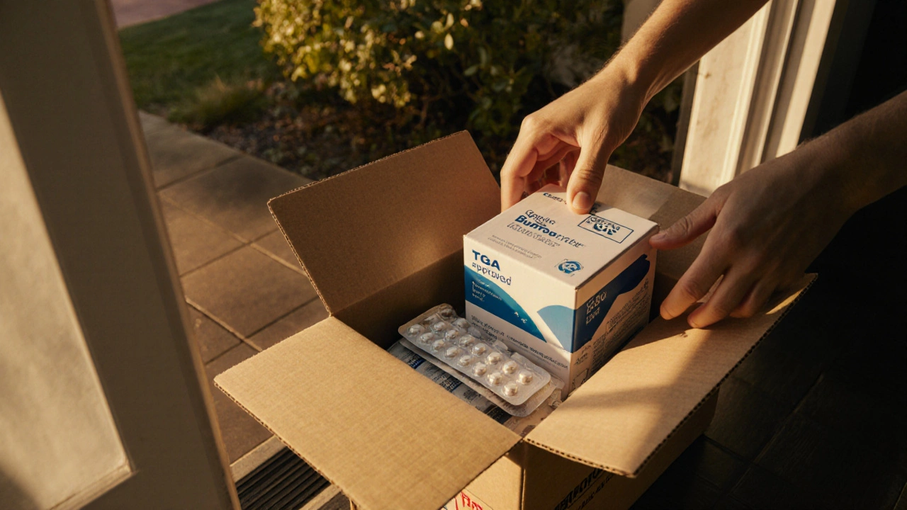Delivery box on a doorstep opened to reveal a sealed generic bupropion pack in warm light.