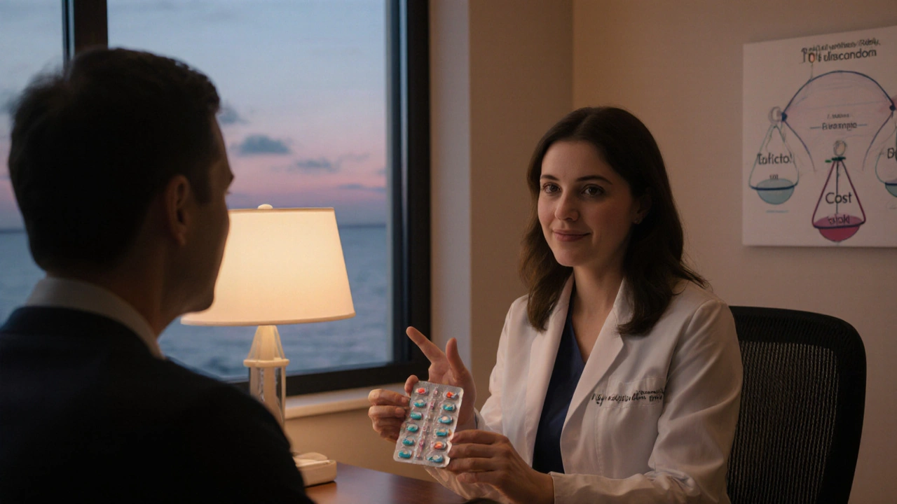 Doctor consulting patient about pill choices in a cozy office.