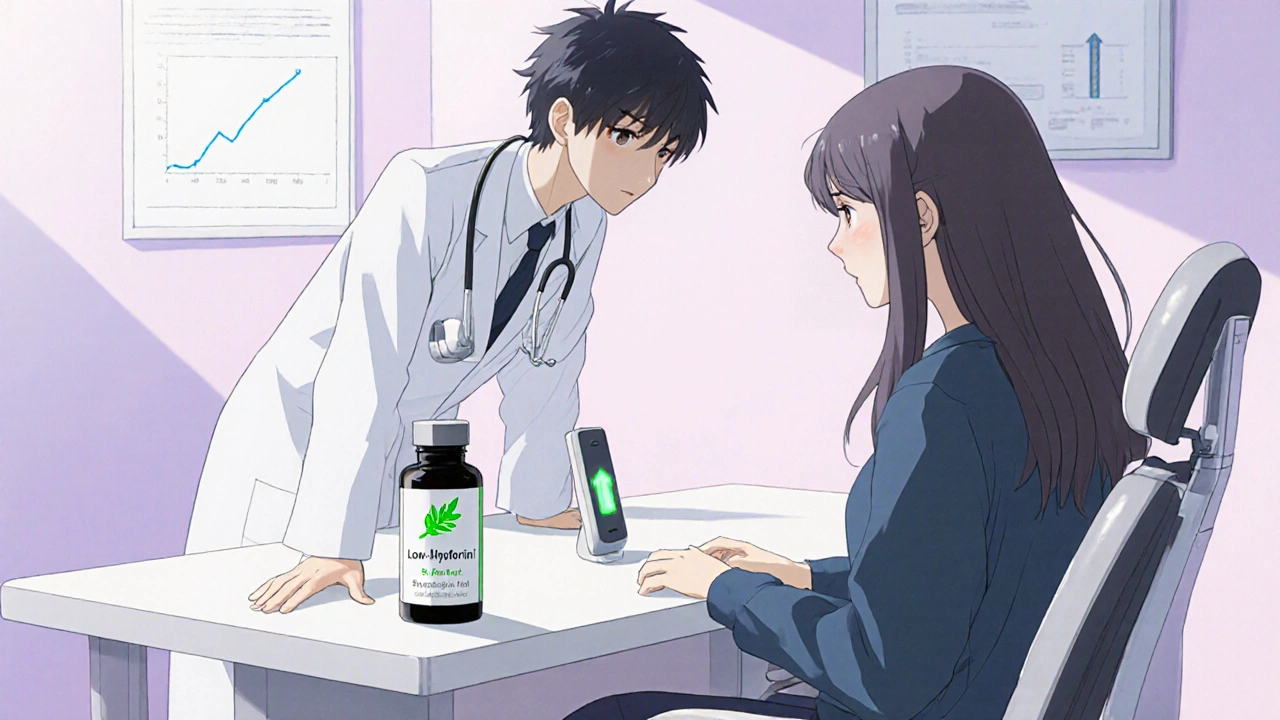 Doctor discussing supplement use with patient, showing a low‑hyperforin supplement bottle and a testing device.