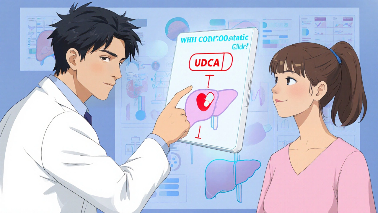 Doctor showing a holographic treatment decision tree with UDCA pill.