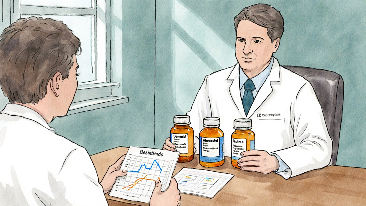 Doctor showing four gout medication bottles to a patient reviewing uric‑acid levels.