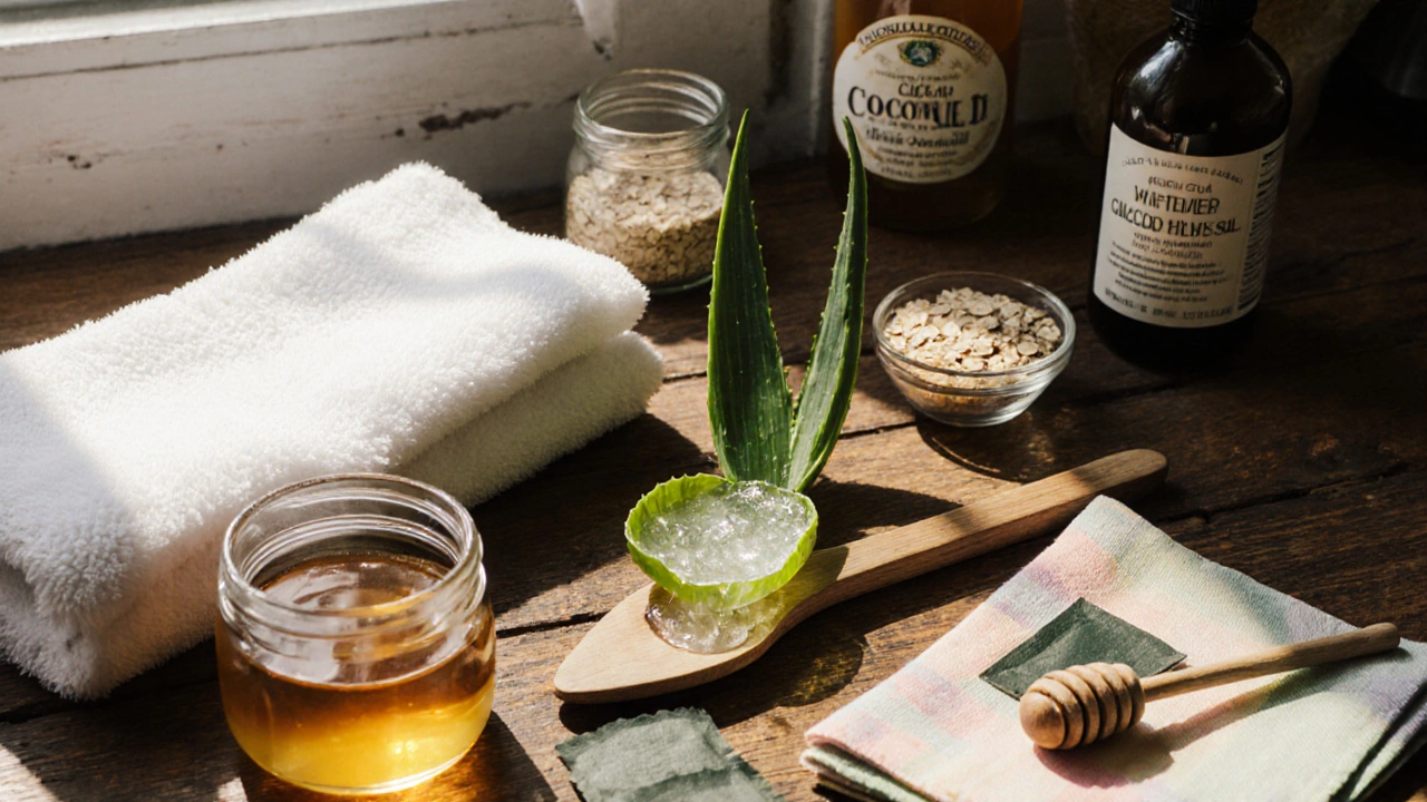 Flat‑lay sunburn relief kit with aloe, cold compress, oatmeal, coconut oil, honey, witch hazel, and tea bags.