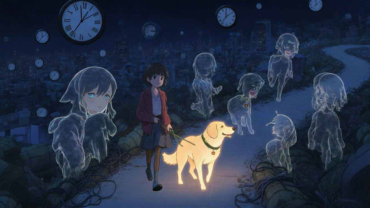 Girl walking a glowing dog on a floating path, past versions of herself fading away as she smiles.