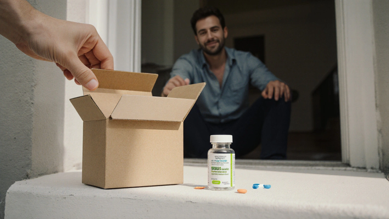 Hand opening a discreet package to reveal a bottle of generic sildenafil tablets on a white surface.