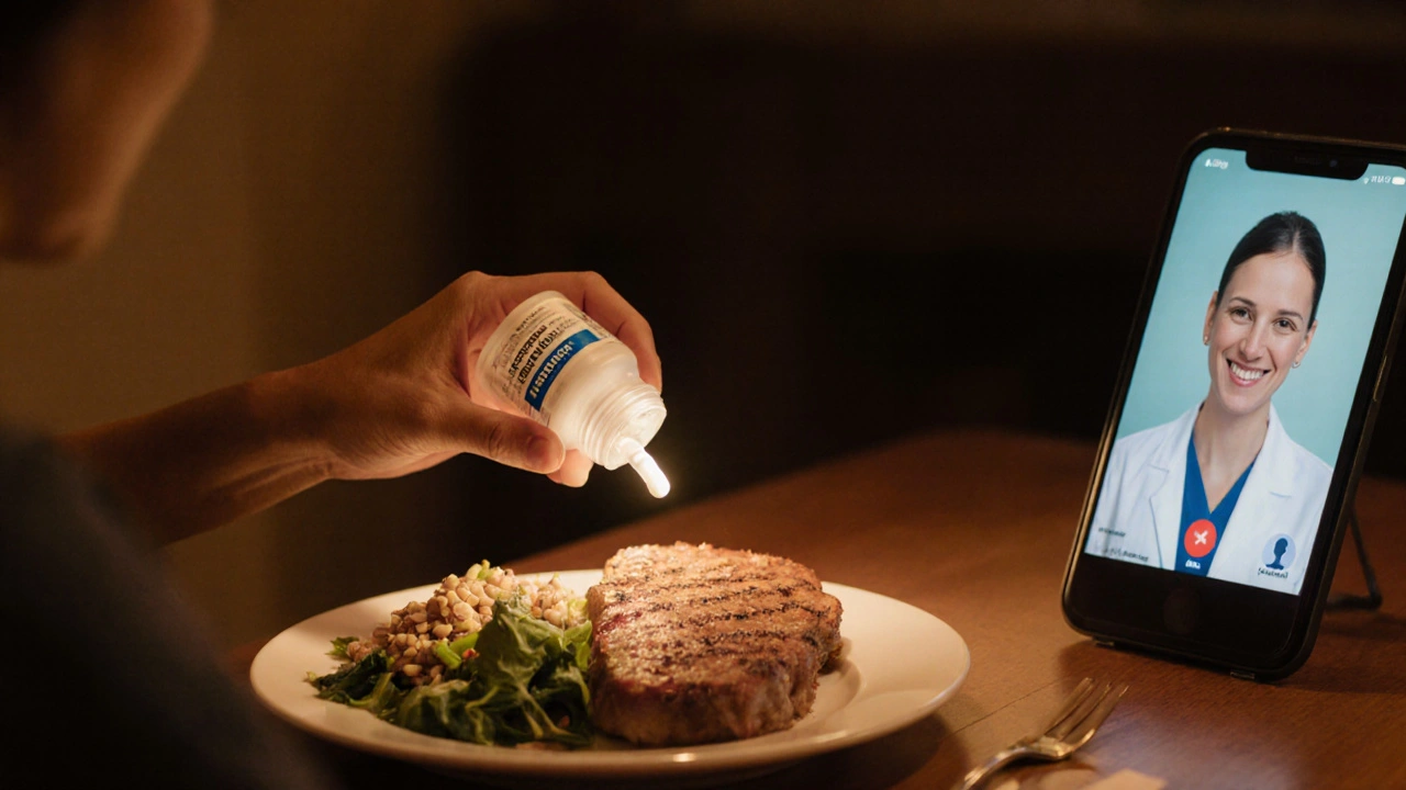 Hand placing a metformin tablet beside a healthy meal, with a faint telehealth doctor silhouette.
