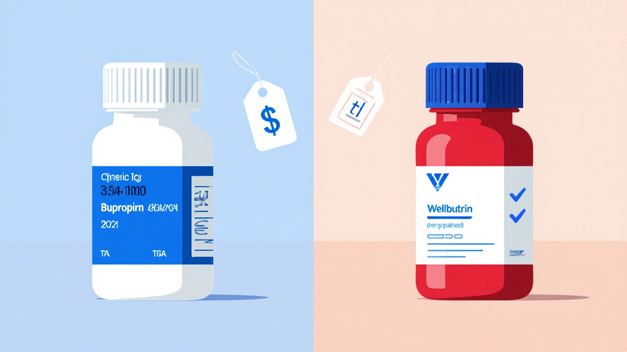 Illustration comparing generic bupropion and brand Wellbutrin bottles with price and safety icons.
