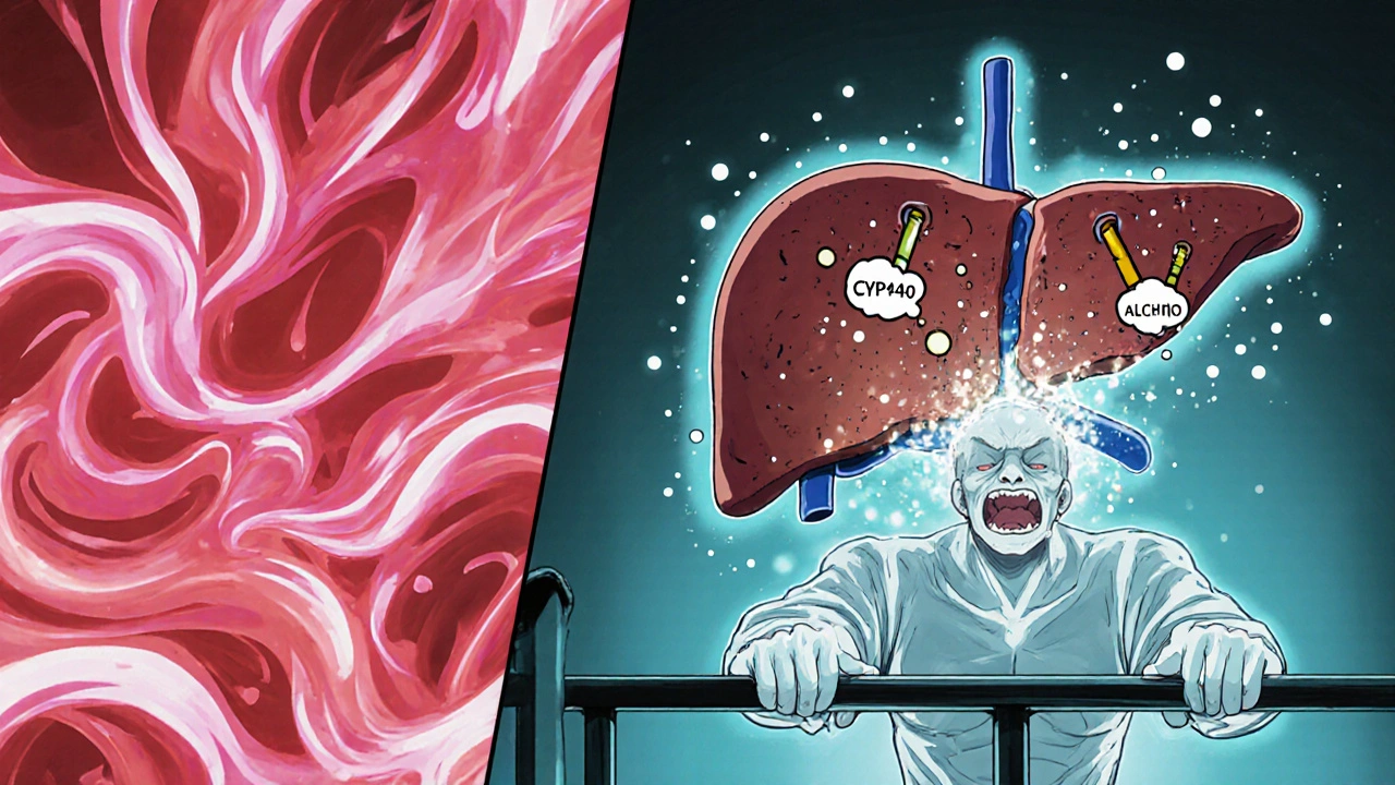 Illustration of dilated vessels, overloaded liver enzymes, and a dizzy figure inside a body.