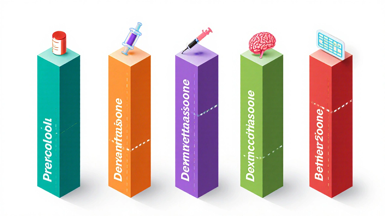 Illustration of five pillars with icons and bars showing steroid potency and half‑life.
