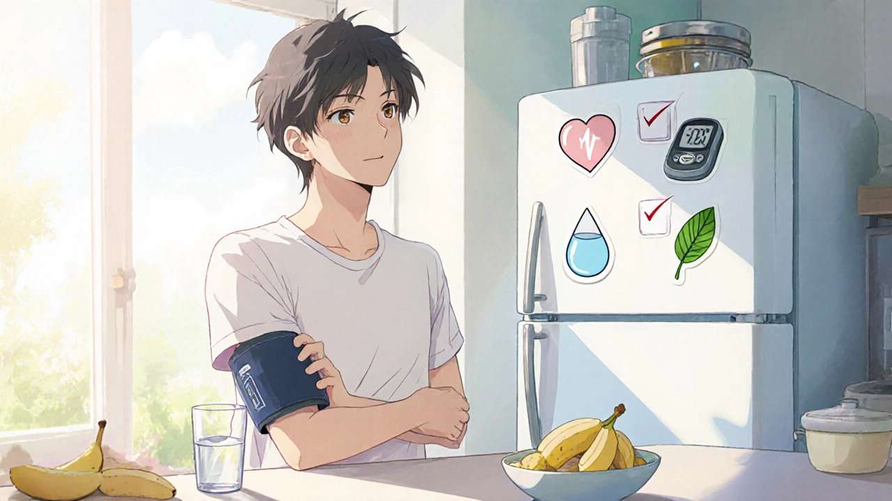 Kitchen scene with person checking blood pressure, drinking water, and eating bananas.