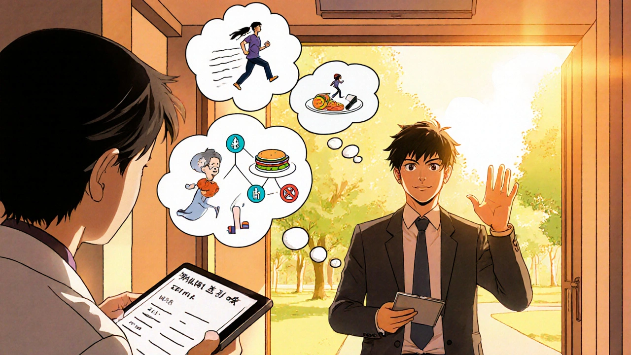 Man leaving a clinic with a Zhewitra Soft tablet, thought bubbles show healthy lifestyle icons.