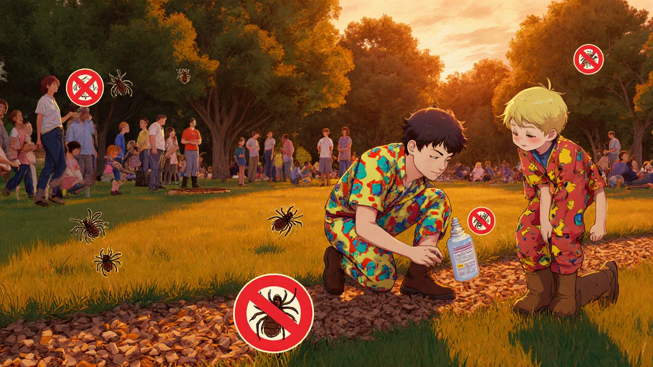 Park at dusk with people trimming grass, applying repellents, and crossed‑out cartoon ticks.