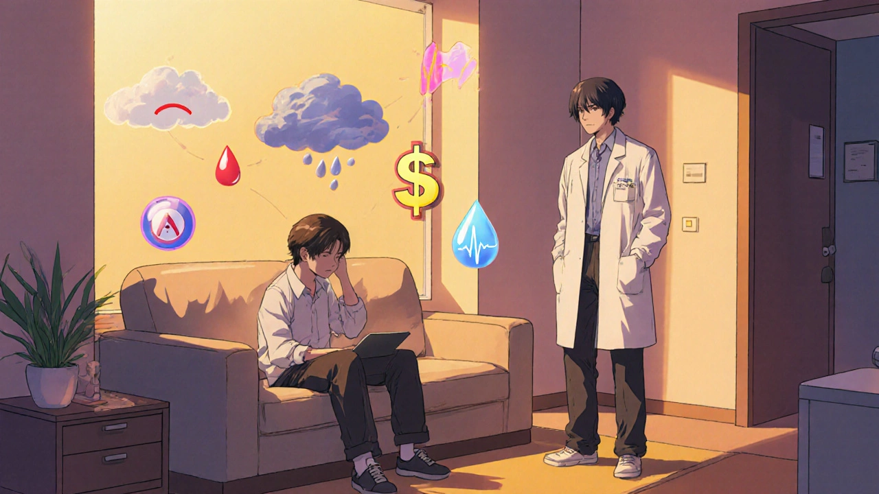 Patient and clinician discuss treatment choices amid symbolic icons of risks and costs.