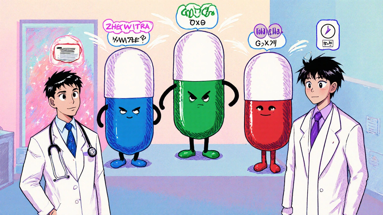 Personified pill characters representing different ED drugs standing before a doctor.