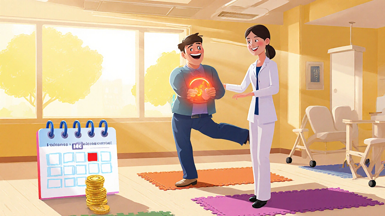 Physical therapist guiding a patient through stretches beside a warm heat pack in a sunny studio.