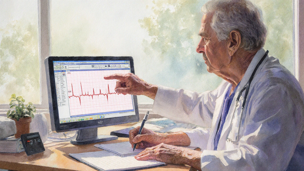 Senior patient writing a medication log while a doctor reviews a heart monitor in a softly lit office.
