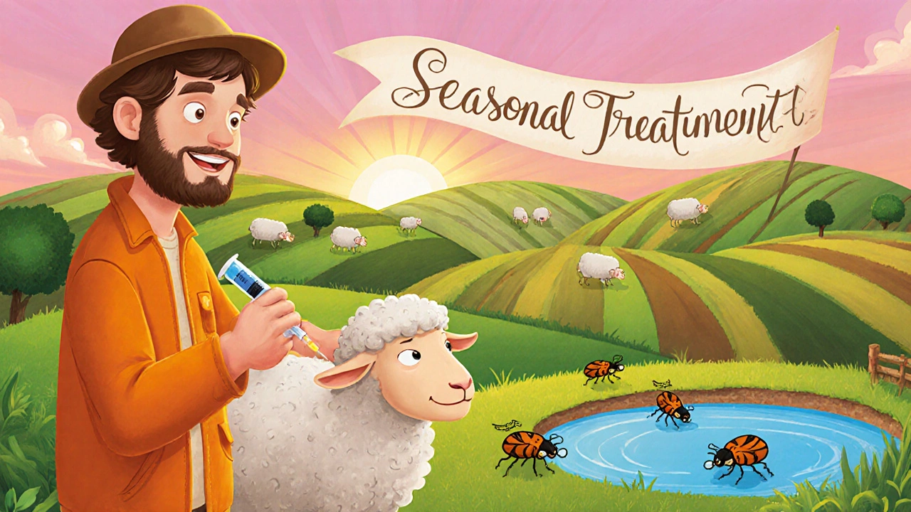 Shepherd gives ivermectin injection to sheep amid rotating pastures and beetles.