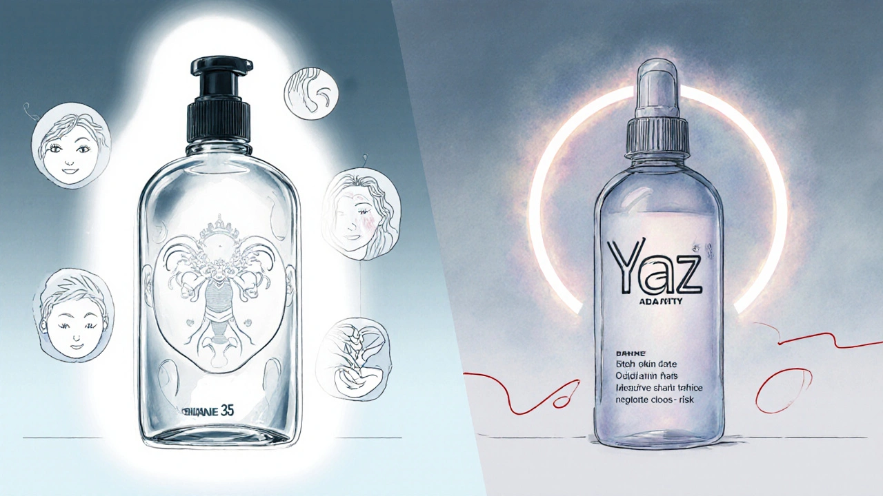 Side‑by‑side visual of Diane 35 and Yaz with skin and clot risk symbols.