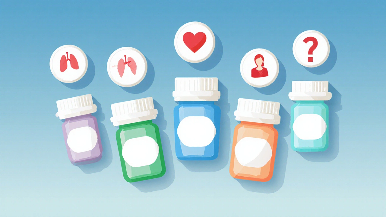 Six colored pill bottles arranged in a semi‑circle, each with an icon symbolizing its primary medical use.