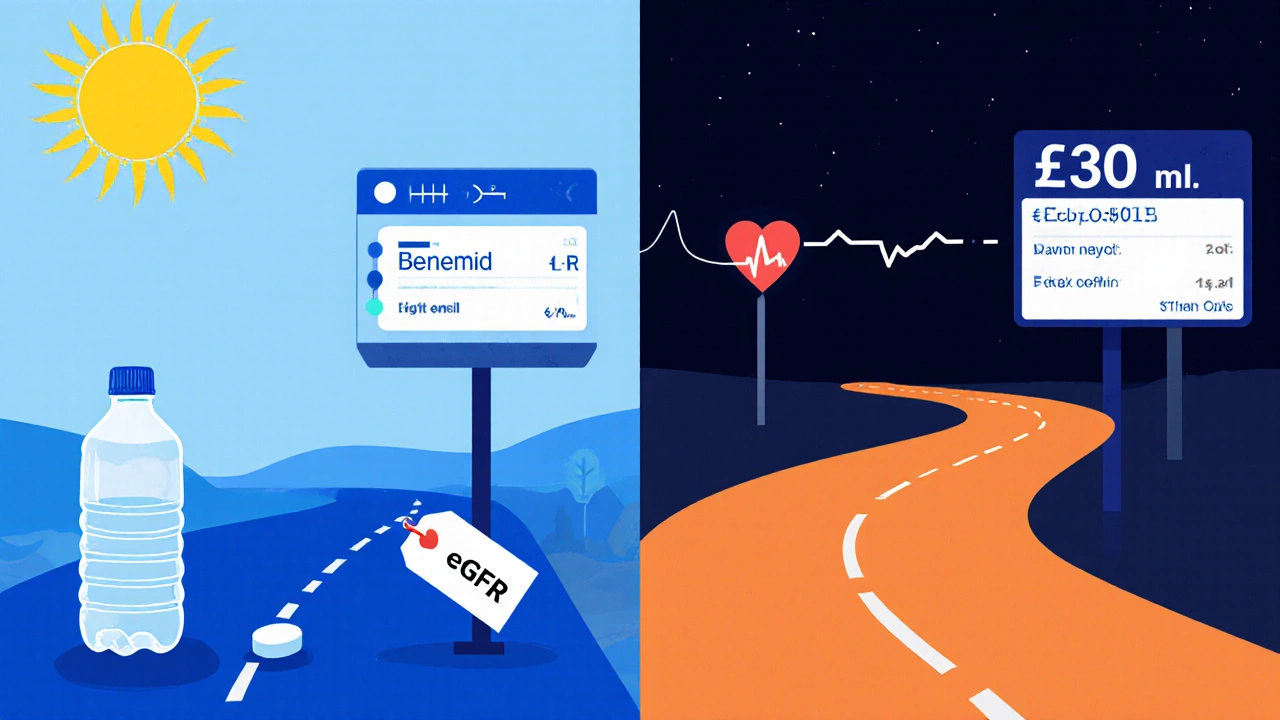 Split‑scene of two treatment paths: water bottle and Benemid versus heart monitor and Febuxostat.