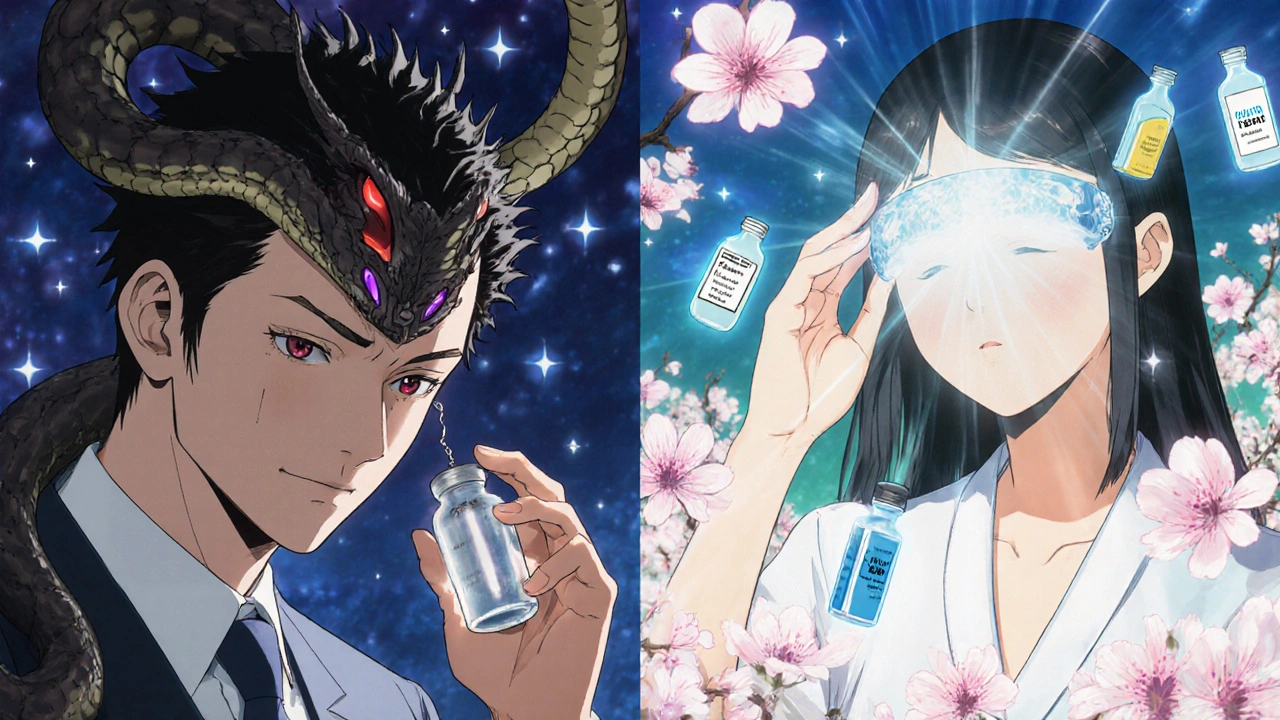 Split scene showing a man taking finasteride while a DHT demon fades, and a woman using a glowing laser cap that revives hair like blooming flowers.