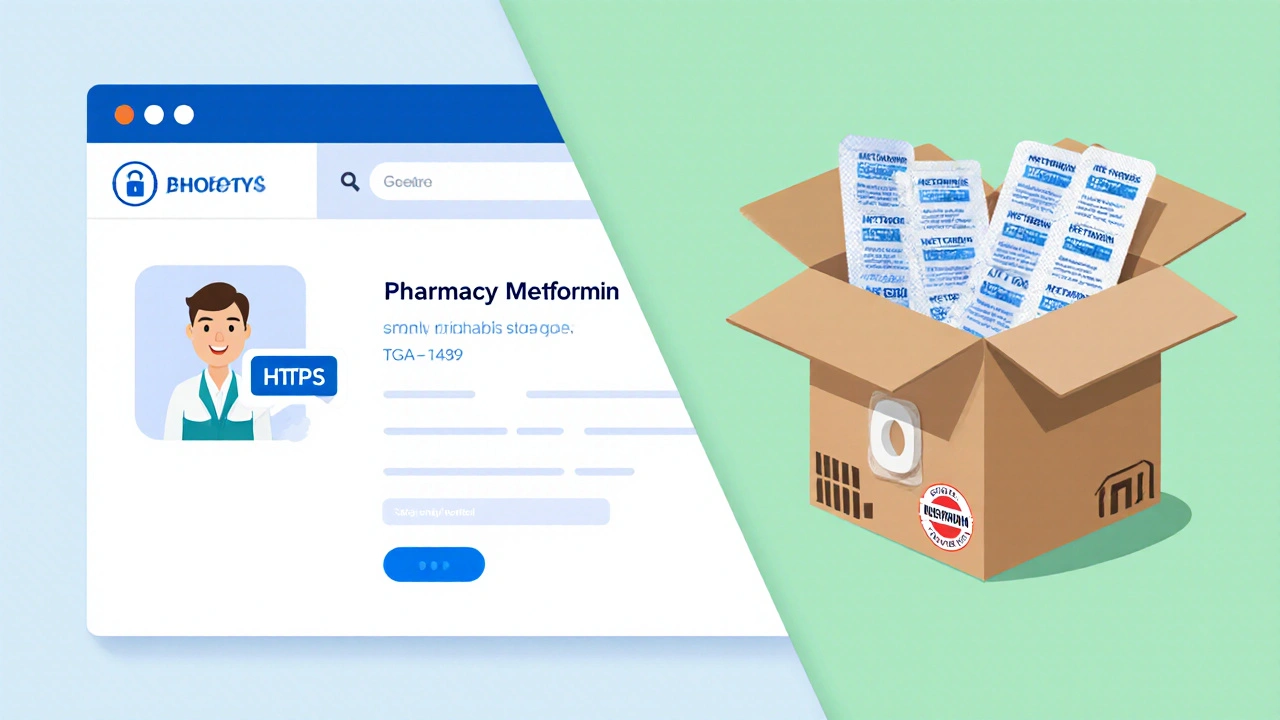 Split view of a trusted pharmacy website with lock icon and a box of metformin tablets ready to ship.