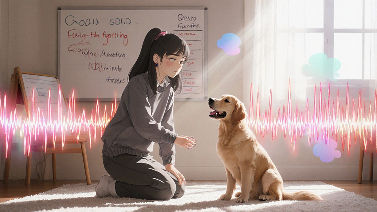 Therapy session with girl and golden retriever, glowing oxytocin waves in the air, goals on whiteboard.