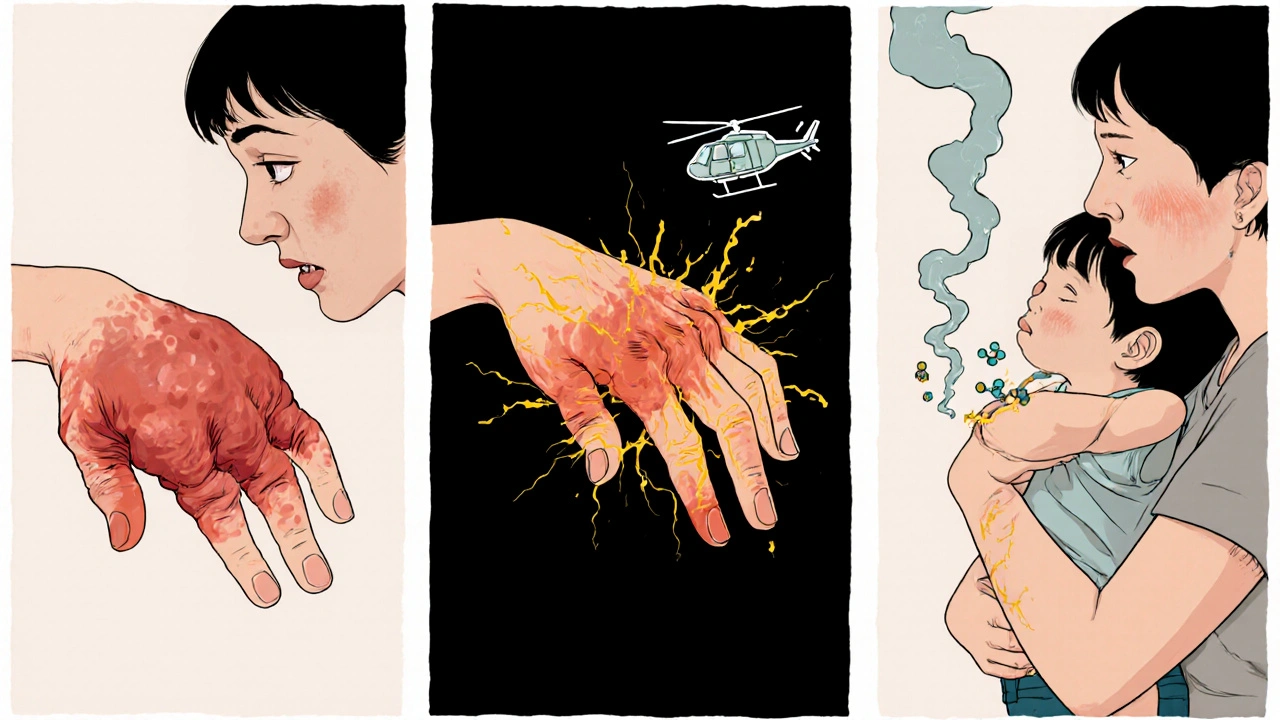 Three-panel anime sequence showing a woman's hands healing from arthritis as immune cells dissolve around her.