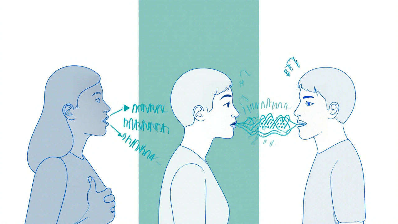 Three panels show diaphragmatic breathing, pursed‑lip breathing, and huff cough with airflow arrows.