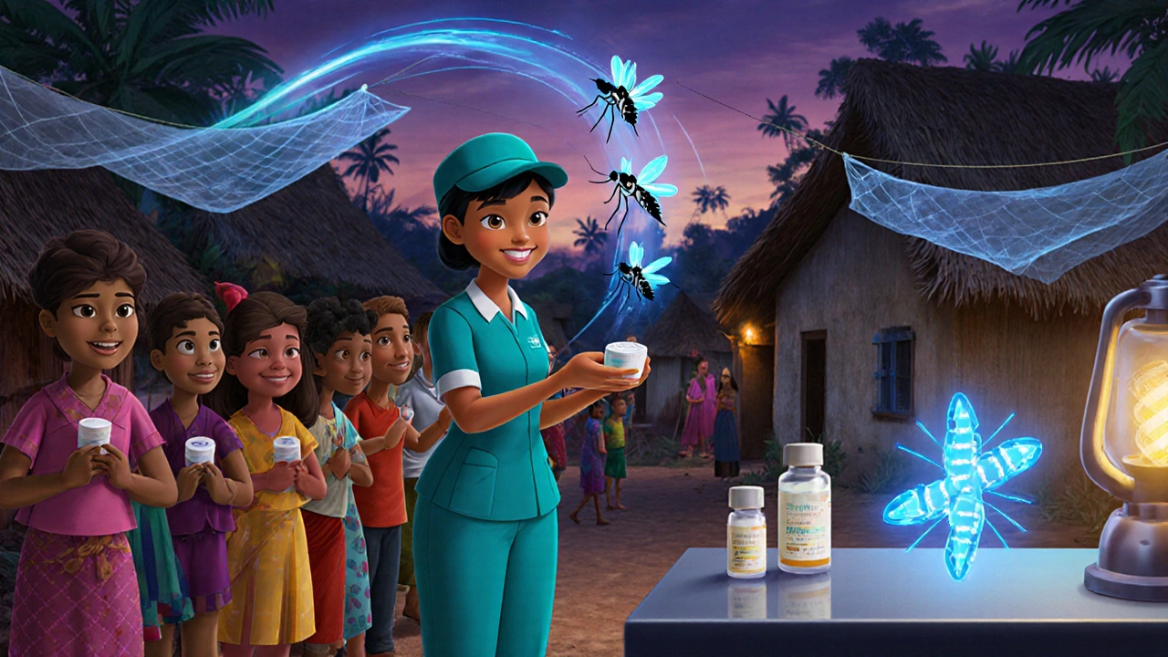 Villagers receive ivermectin tablets while bed nets and nano‑tech symbols appear.