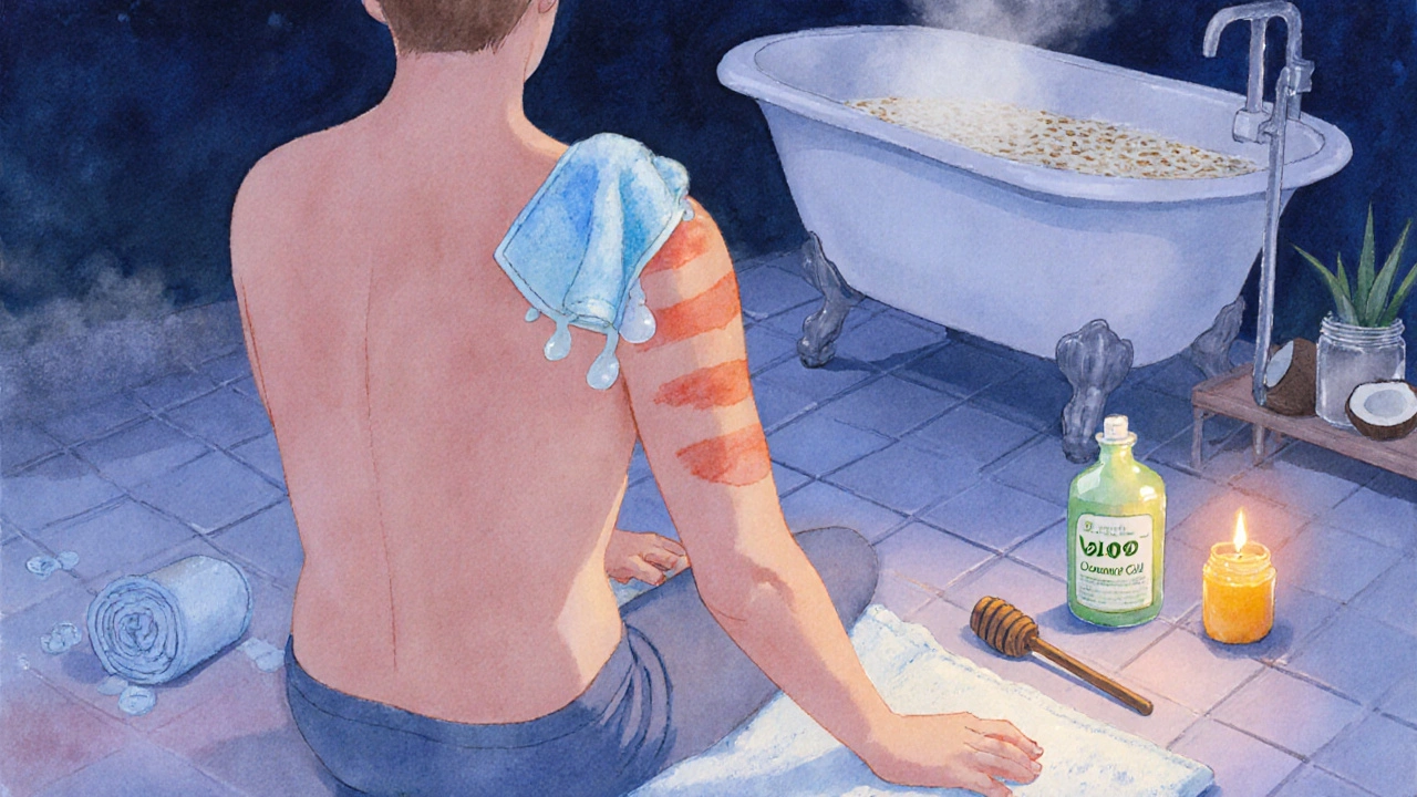 Watercolor bathroom scene showing cold compress, aloe, oatmeal bath, coconut oil, and honey steps.