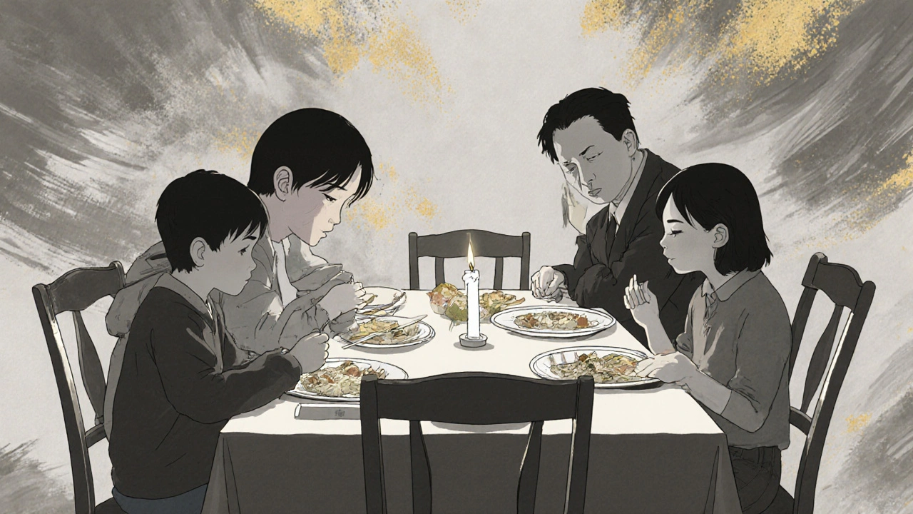 A family eats dinner in silence, children sitting close to a parent with visible fatigue.