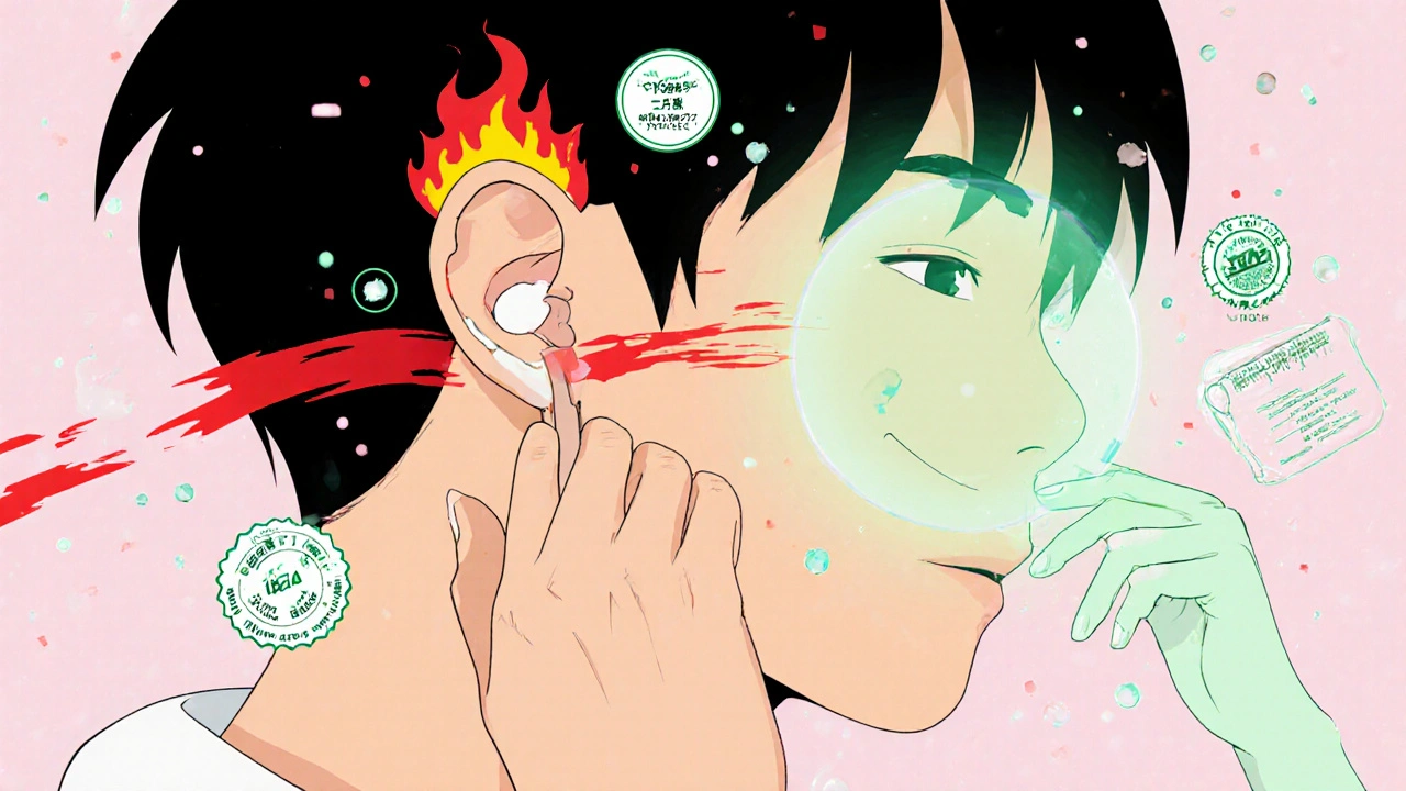 A hand patch-testing cream, with time-lapse skin healing and a certification seal appearing.