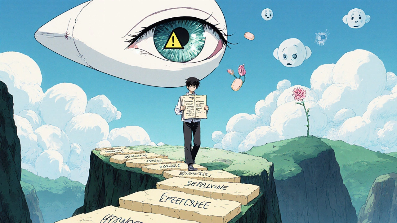 A lone walker on a pill road through a surreal landscape representing antidepressant switches.