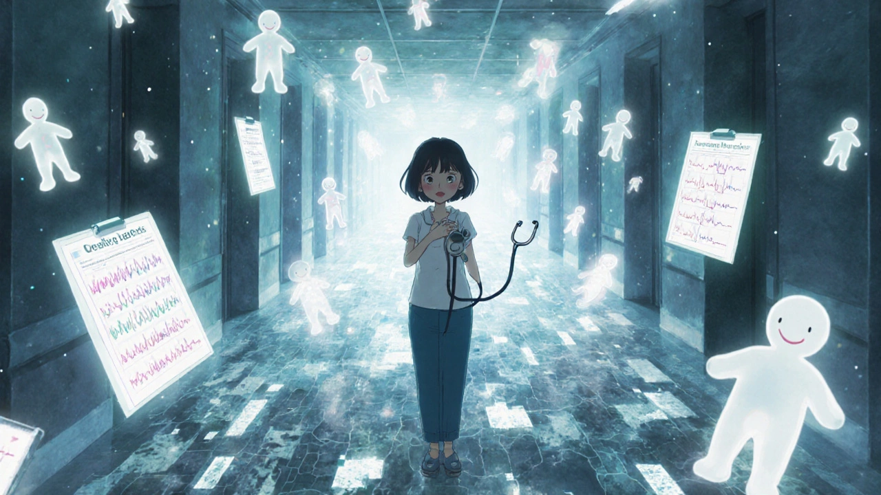 A mother breastfeeding while statin particles transform into floating fetal forms in a surreal hospital corridor.