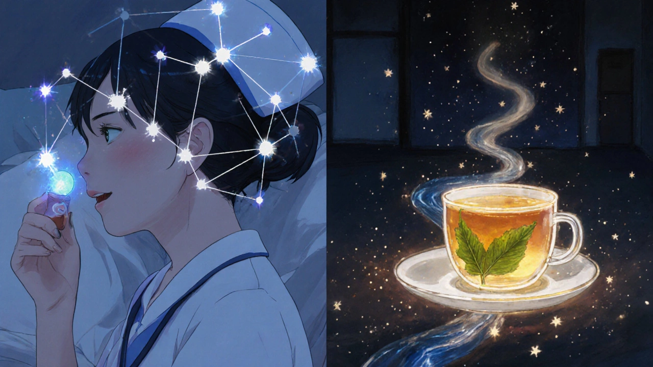 A nurse and coder in split scene, each with unique mental energy visuals representing armodafinil and caffeine-L-theanine.