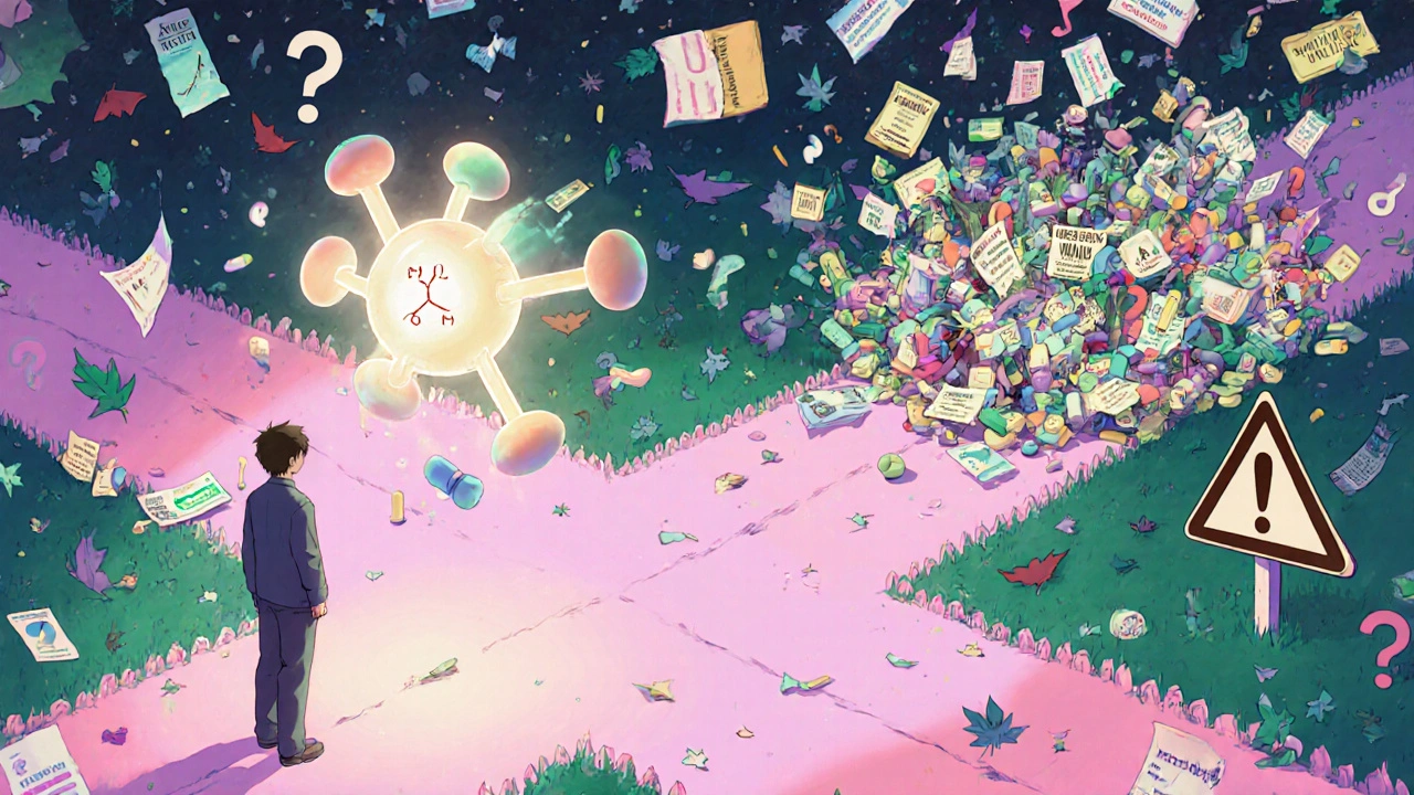 A patient at a crossroads with one path leading through the blood-brain barrier and another filled with warning symbols.