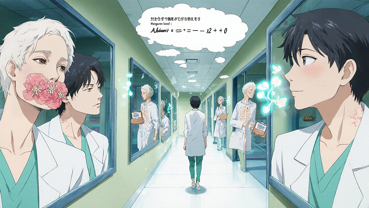 A patient walking past mirrors showing phenytoin side effects—swollen gums, crumbling bones, and free drug molecules escaping, in anime style.