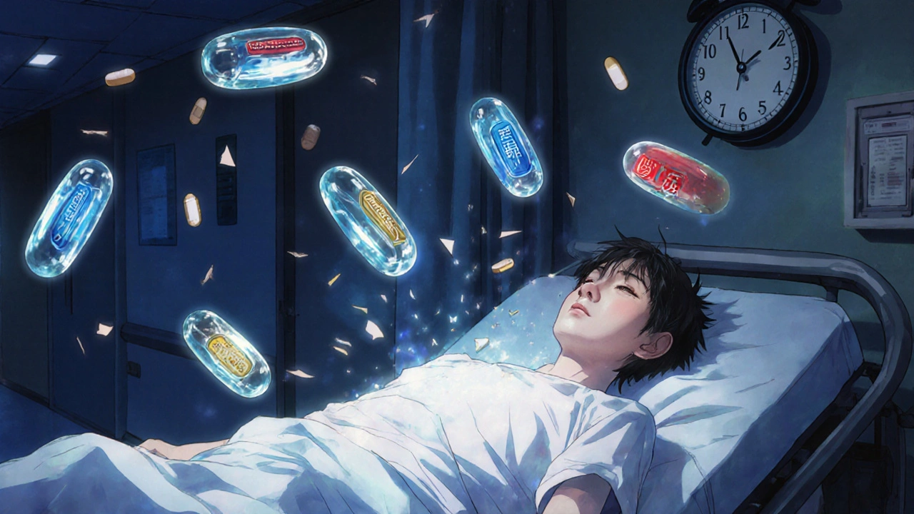 A person collapsing in a hospital as four glowing antiviral pills spiral toward them, with a spinning clock in the background.