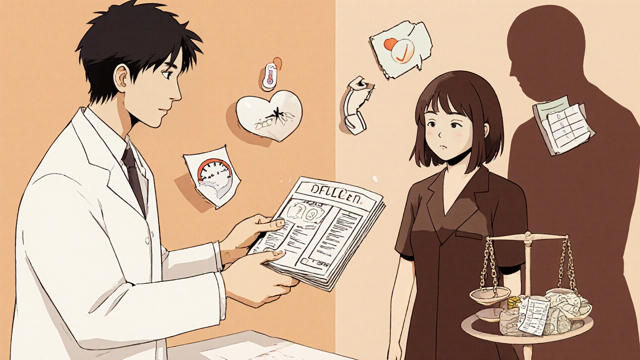 A pharmacist educating a patient with a comic strip, while their shadow stabilizes, surrounded by health icons.