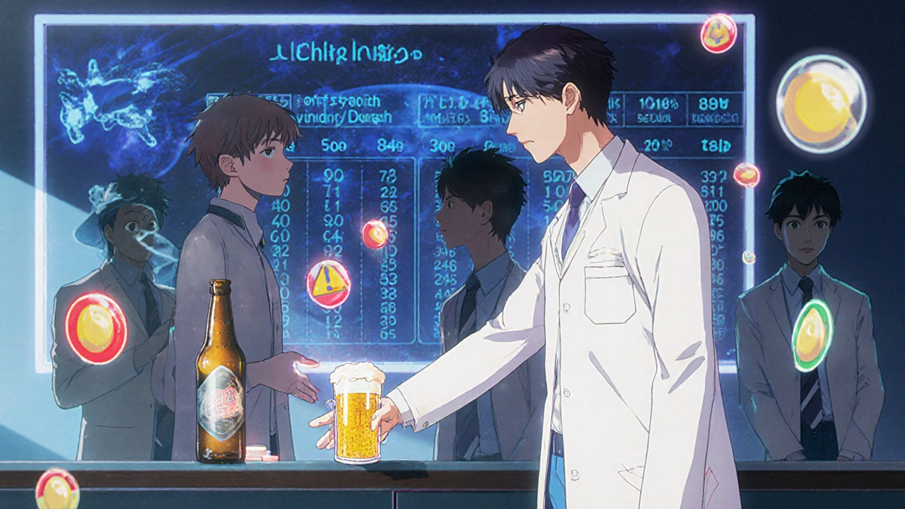 A pharmacist stopping a patient from mixing alcohol with medication, surrounded by floating color-coded warning icons.